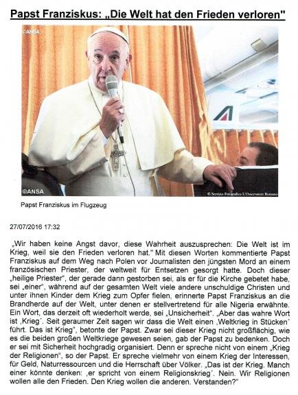 Papst franziskus auf dem Weg zum Weltjugendfest in Polen, 27.7.2016